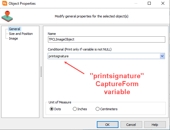 The object properties dialog showing the general tab. On this tab, you can enter or change the name of the object, and set the print condition by selecting a variable from the drop down.